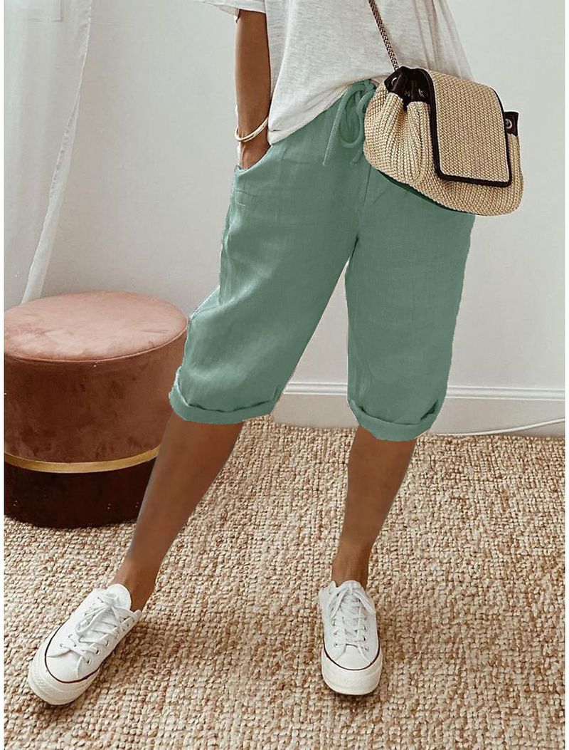 Women's cotton and linen pocket elastic casual pants women's pants quarter pants_voghion.com