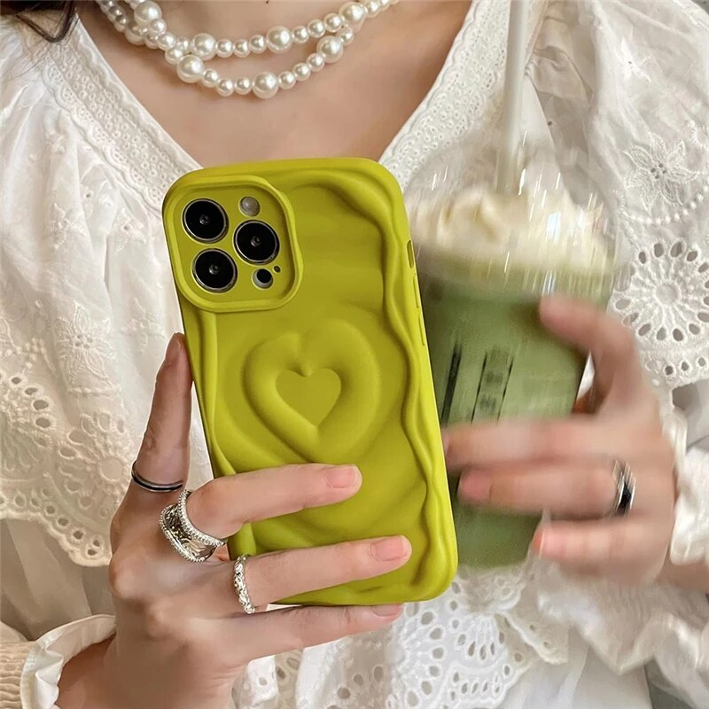Ins 3D Aşk Kalp Yaz Tatlı Renk Telefon Kılıfı iPhone 14 11 12 13 Pro Max Dalgalı Kenar Yumuşak Silikon Kamera Koruması_voghion.com