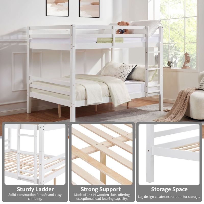 Full Over Full Bunk Bed With Thick Posts,Wooden Bunk Bed With High Guardrail And Ladder For Kids, Teens, Dorm Rooms, And Guest Rooms,No Box Spring Needed,White_voghion.com