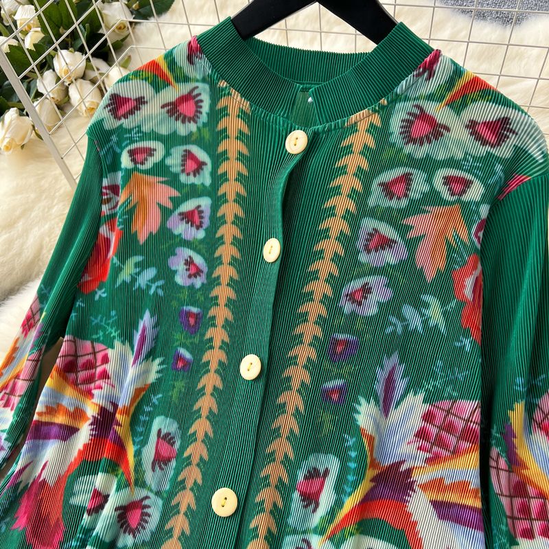 Sieviešu apģērbu kostīms sievietēm, gaišs brieduma stils, vidēja garuma, vienrindu, kroku apdrukas tops + ikdienas bikses ar augstu vidukli_voghion.com