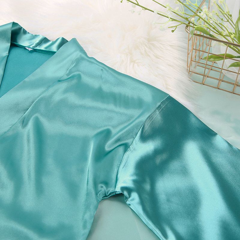 Cardigã de cetim feminino com renda, camisola e pijama de cor sólida, conjunto solto para casa_voghion.com