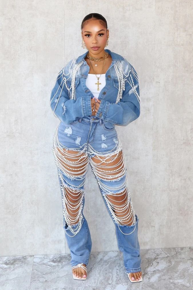 Women's Clothing Denim Jacket Women's Fashion Pearl Chain Handmade Beaded Denim Jacket_voghion.com