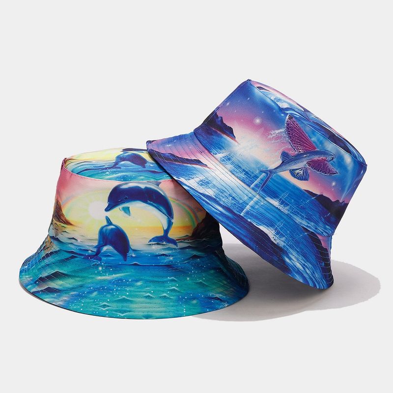 Hot Sale Delfin Graffiti Bøtte for Menn Kvinner Fisker Mann Utendørs Ferie Solskjerm Sol Strandhatt Kvinne_voghion.com