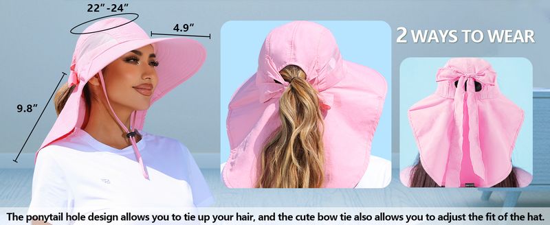 Cappello da pescatore a tesa larga con protezione UV da donna, con foro per coda di cavallo, per spiaggia, escursionismo e campeggio_voghion.com