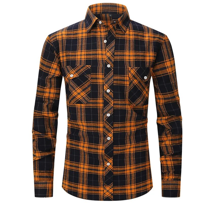 Nova camisa xadrez de flanela masculina moda manga longa bolso duplo casaul inglaterra estilo verificação conforto macio roupas masculinas eua_voghion.com