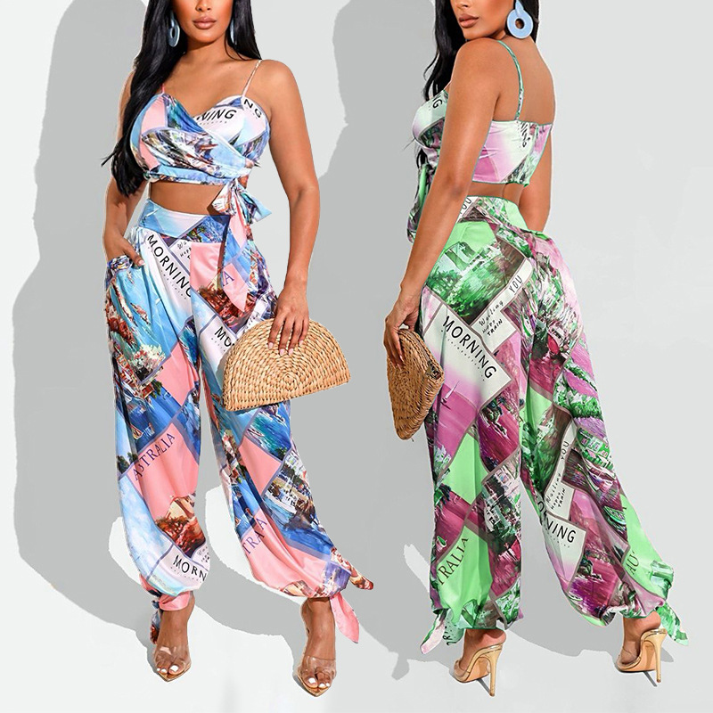 Pantalon sarouel décontracté et sexy pour femmes, ensemble deux pièces imprimé, enveloppé sur la poitrine, nouvelle collection été_voghion.com