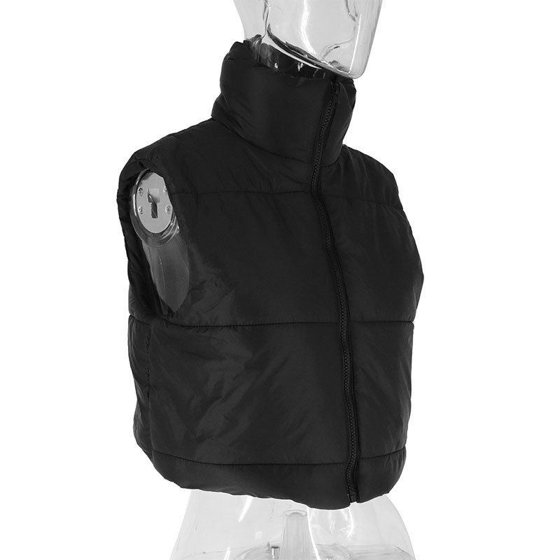 Gilet trapuntato da donna con collo alto, giacca imbottita senza maniche per autunno inverno, moda streetwear in bianco, nero, grigio_voghion.com