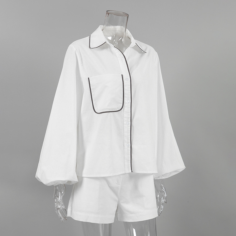 abito a maniche lunghe in cotone e lino moda casual design da donna camicia a contrasto in bianco e nero pantaloncini set da due pezzi_voghion.com