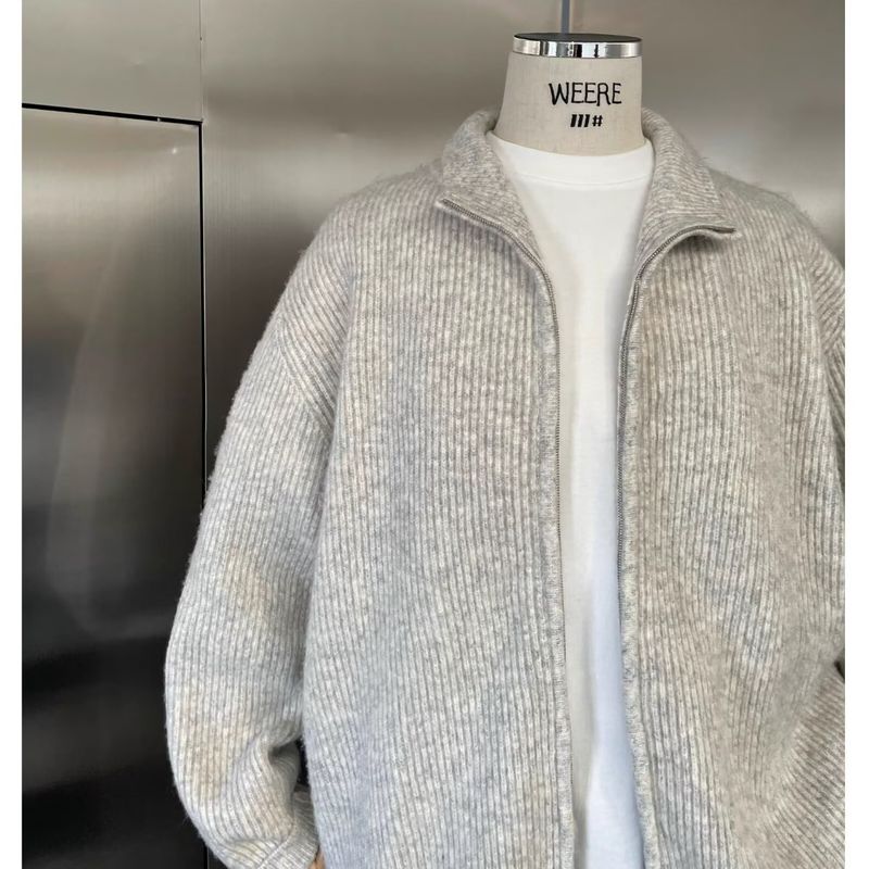 Cardigan da uomo in maglia premium con cerniera - Maglione comodo e ampio con collo alto per l'inverno, casual ed elegante (disponibile in grigio chiaro e nero)_voghion.com