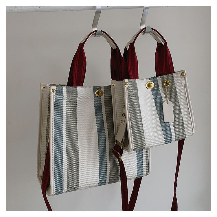 Borsa tote da donna, borsa tote a mano alla moda a righe da donna, borsa a tracolla monospalla in tela color-block di grande capacità_voghion.com