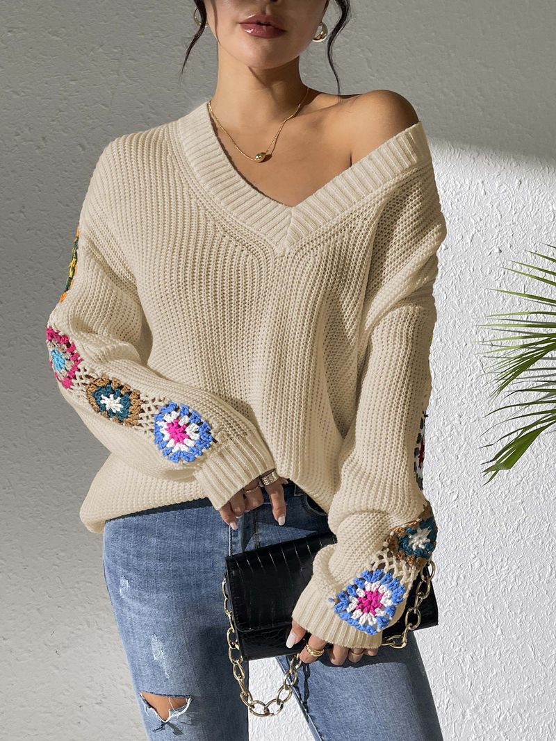 Hand-Crochet Boho Sweater – Oversized V-Neck Pullover With Floral Appliqué (S-XL, Acrylic Knit, Winter Casual Chic)_voghion.com