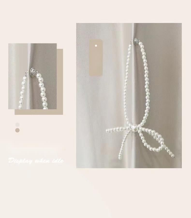 Creative New Simple Pearl Bow Curtain Tie No-Drill Magnetic Buckle Light Luxury_voghion.com