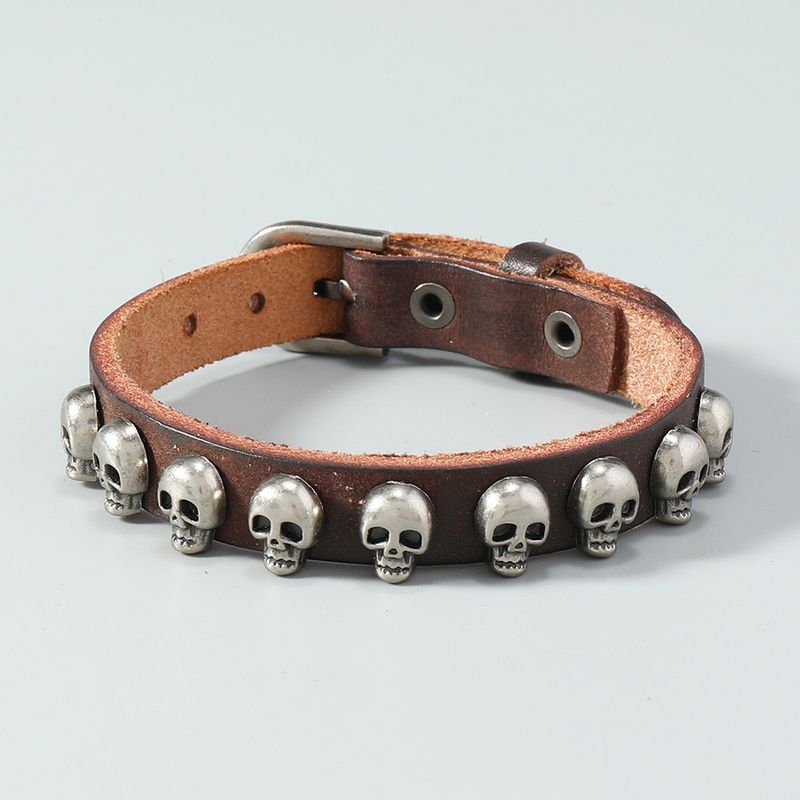 Nuovo braccialetto in pelle con teschio in lega, semplice e versatile, da uomo, in stile punk_voghion.com