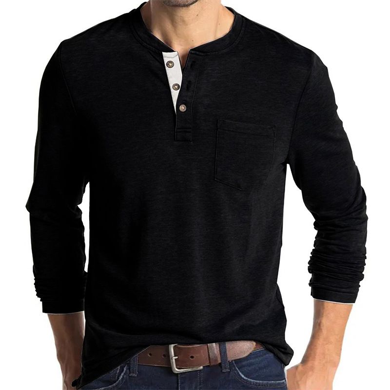 Henley-T-Shirts für Herren mit Knopfleiste, langen Ärmeln und Tasche, entspannte Passform, 100 % schwere Baumwolle_voghion.com