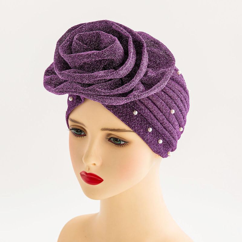 Muslim bright silk large flower turban hat pearl Indian hat prom party style multi-wear makeup decorative hat_voghion.com