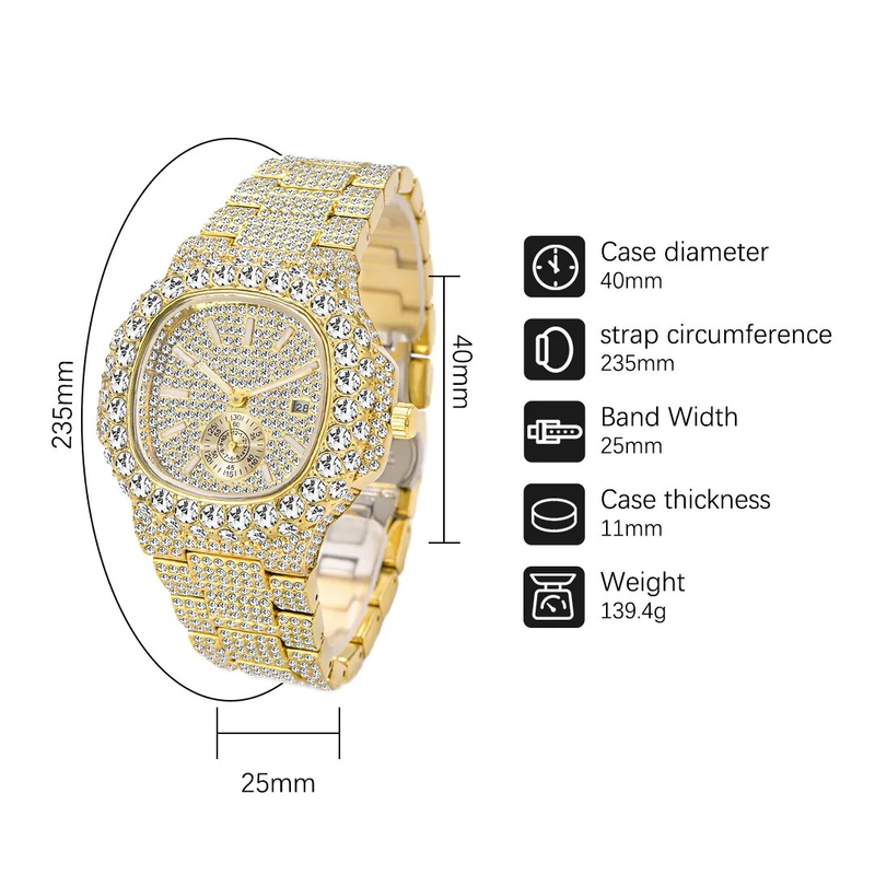 Hip Hop Marke MISSFOX Mode Iced Out Uhren Männer Voller Diamanten Gold Automatische Datum Uhr Stahl Wasserdichte Uhr Männlich_voghion.com