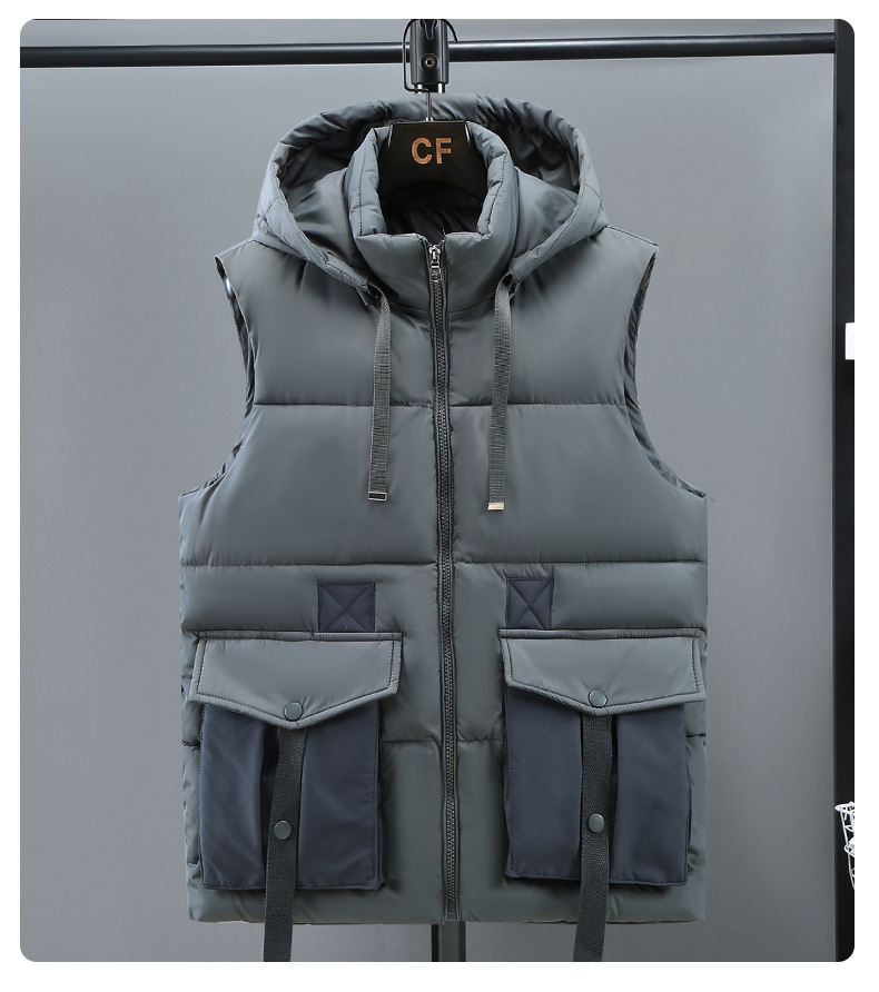 Gilet caldo autunno inverno in piumino di cotone, cappello casual e versatile alla moda, staccabile per gilet da uomo_voghion.com