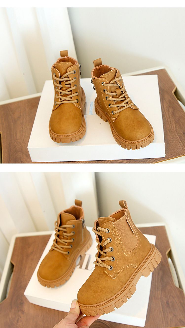 Bottines courtes pour mère et enfant | Bottines épaisses tendance pour filles | Bottes en cuir tendance pour enfants | Fermeture éclair latérale | 3-12 ans | Noir et marron clair_voghion.com