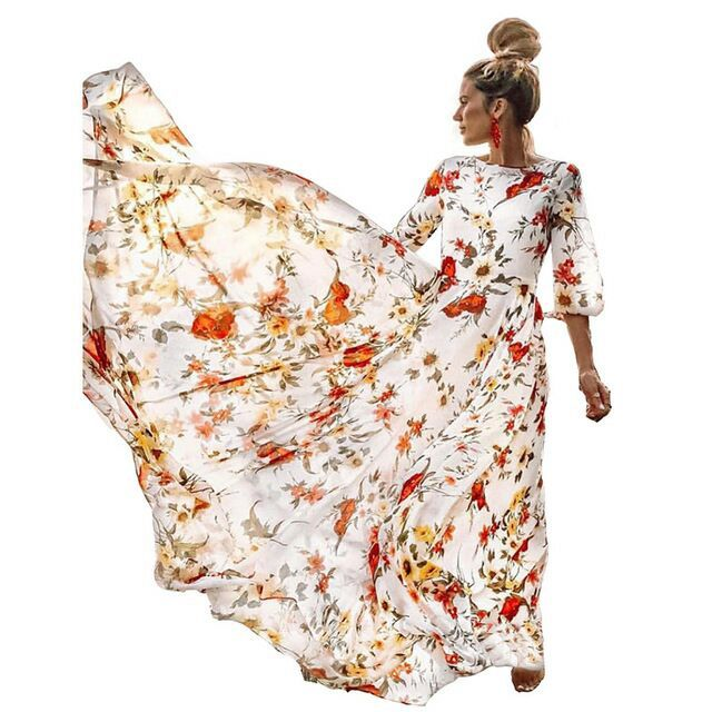 Damenbekleidung Langes Chiffonkleid mit Boho-Print, Rundhalsausschnitt und mittellanger Taille_voghion.com