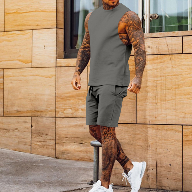 Cross-border European And American New Summer Sleeveless Sports Suit Men's Breathable Thin Round Neck Solid Color Vest_voghion.com
