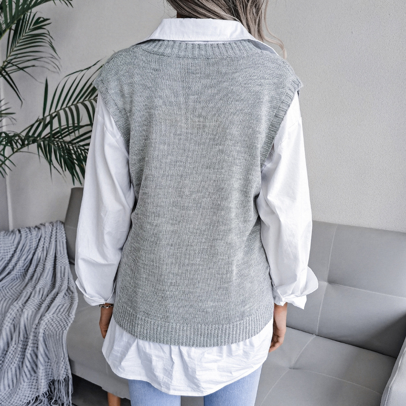 Pull tricoté à col en v pour femme, vêtement style Ins, ajouré et torsadé, collection automne et hiver 2023_voghion.com
