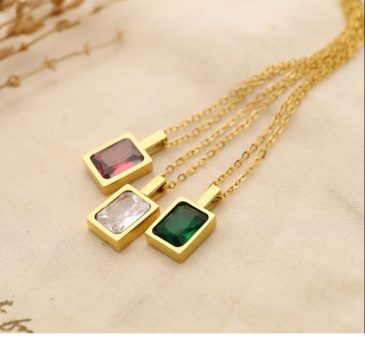 Women's Jewelry Luxury Small Square Colored Zirconium Necklace Rock Sugar Square Brick Fine Titanium Steel Plated K Real Gold Necklace Clavicle Chain_voghion.com