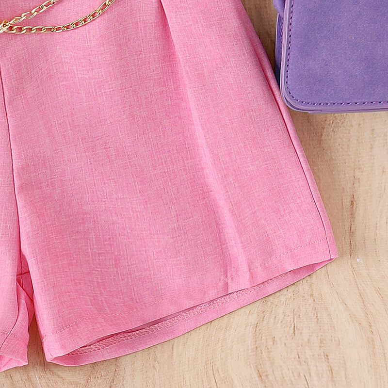 Conjunto de pantalones cortos con cadena decorativa y lazo en un solo pecho de color liso para niñas de verano 2024_voghion.com