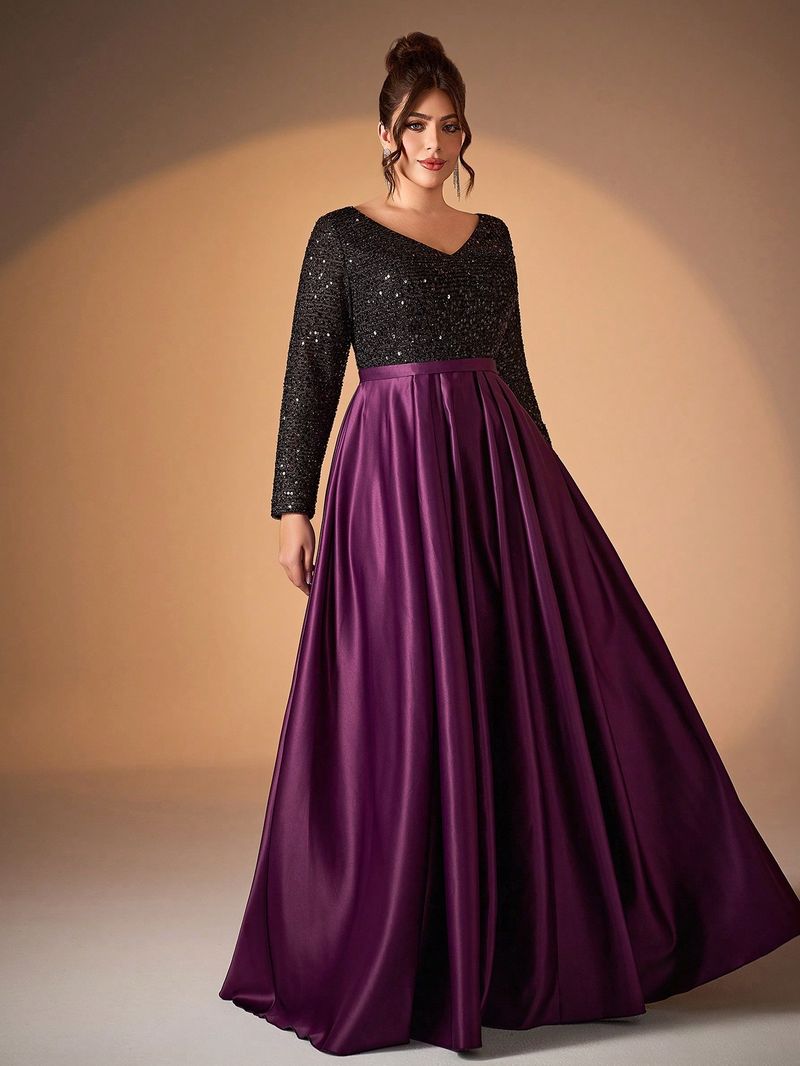 Elegante vestido de noche de satén negro con lentejuelas, escote en V y mangas largas para mujer: perfecto para fiestas, galas y ocasiones especiales._voghion.com