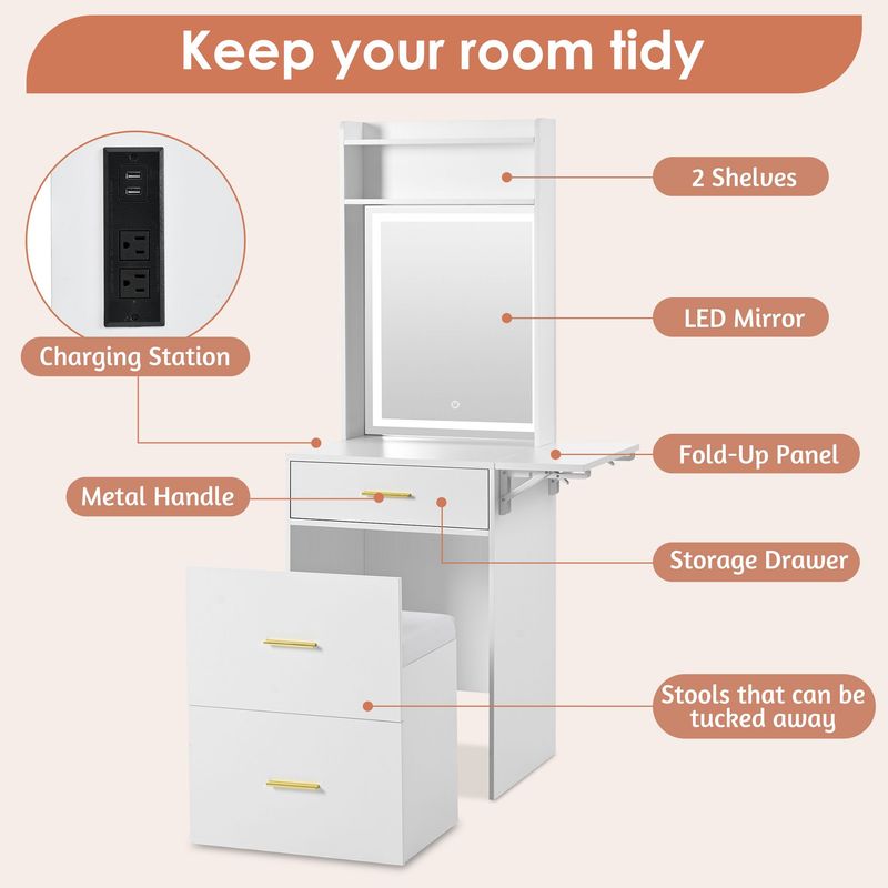 Small Vanity Desk With Mirror And Light, Dressing Table With Charging Station & Fold-up Panel For Small Space, Compact Makeup Vanity Set With Hidden Stool For Bedroom, White_voghion.com