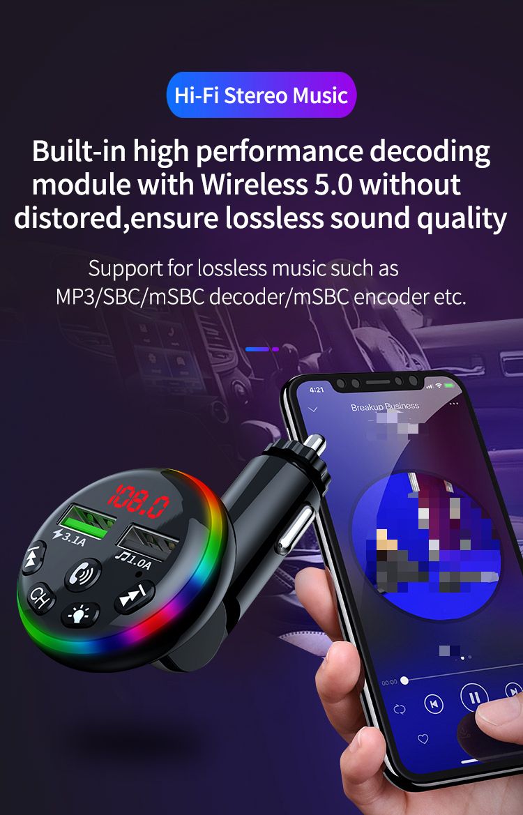 Nabíječka do auta Nabíječka mobilních telefonů Bluetooth Hands-free volání USB port s funkcí nabíjení 3,1A Barevné okolní světlo FM vysílač_voghion.com