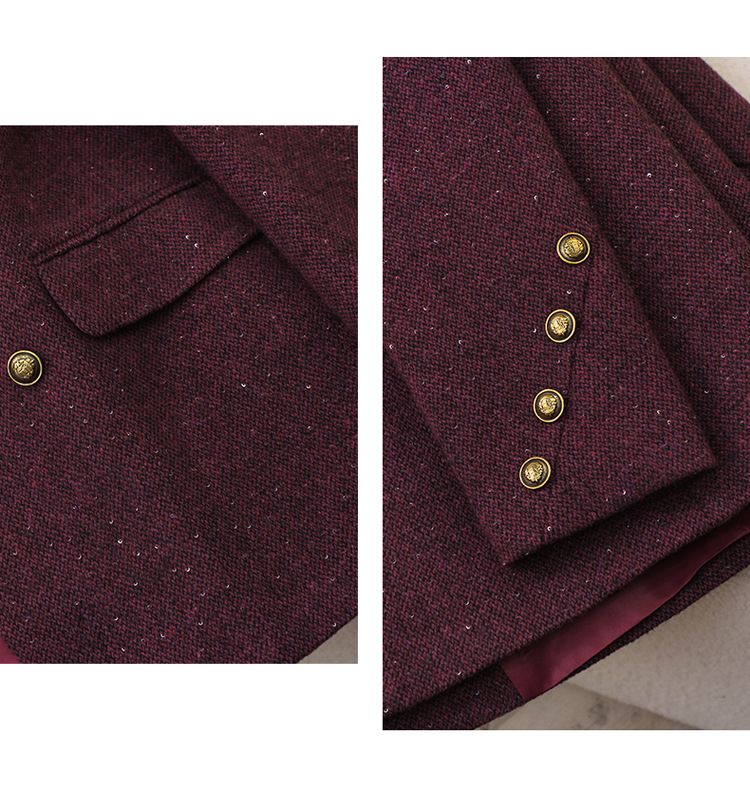Blazer da donna in tweed misto lana per autunno inverno - Giacca da ufficio doppiopetto slim fit con revers a lancia (nero, marrone, rosso, grigio)_voghion.com