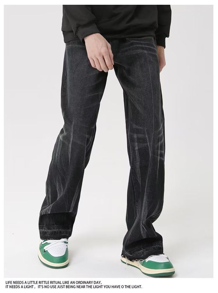 Schwarze verwaschene Distressed-Jeans für Herren, amerikanische gerade, stapelbare Vibe-Freizeithose mit Farbverlauf_voghion.com