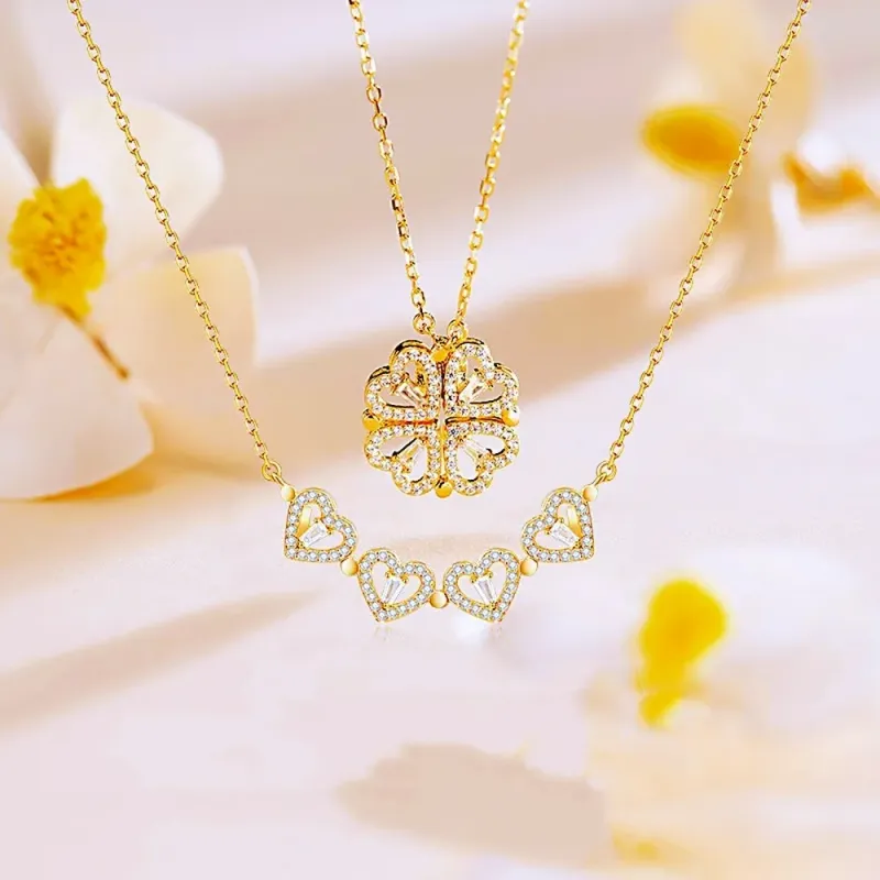 Mode Liefde Klaver Magnetische Vrouwen Hanger Sieraden Temperament Sleutelbeen Ketting Kunstmatige Edelsteen Een Tweevoudig Draag Ketting Cadeau_voghion.com
