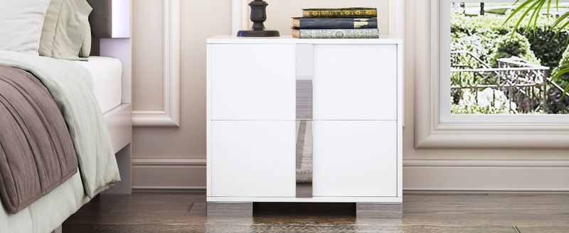 Elegant Nightstand With Metal Handle,Mirrored Bedside Table With 2 Drawers For Bedroom,Living Room,White_voghion.com
