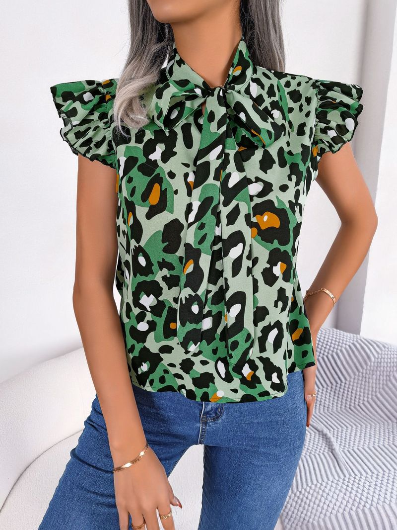 Ins Style Frühling Sommer Casual Leopard Print Rüschen Krawatte Chiffon Bluse Damenmode_voghion.com