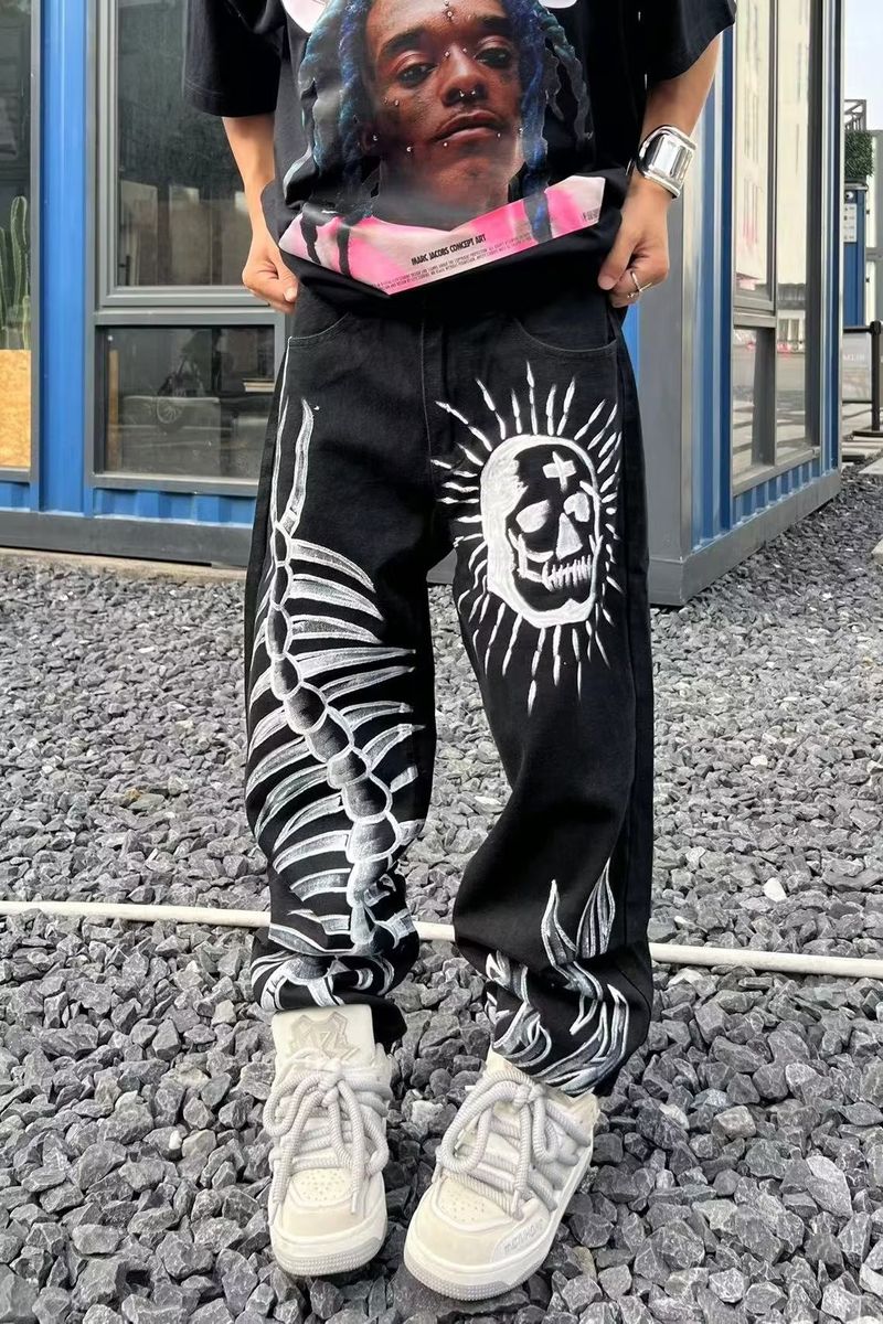 Herreklær High Street Tåke Personlig Trykt Brodert Jeans Hip Hop Trendy Svarte Flagrende Løse Bukser Trendy_voghion.com