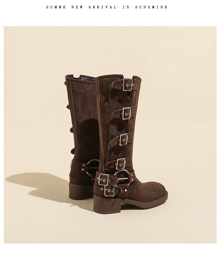 Suede cowhide suede MIU family knight belt buckle high, knee length boots, brown western cowboy boots_voghion.com
