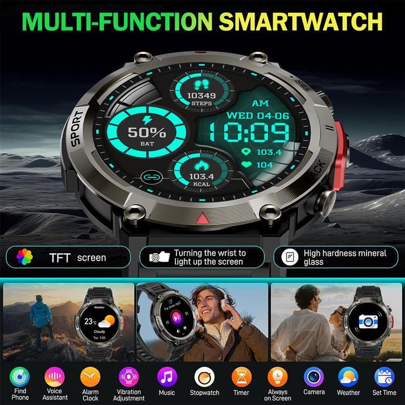S100 Smart Watch rund HD Großbild Taschenlampe wasserdicht Outdoor Sport Bluetooth Anruf Uhr_voghion.com