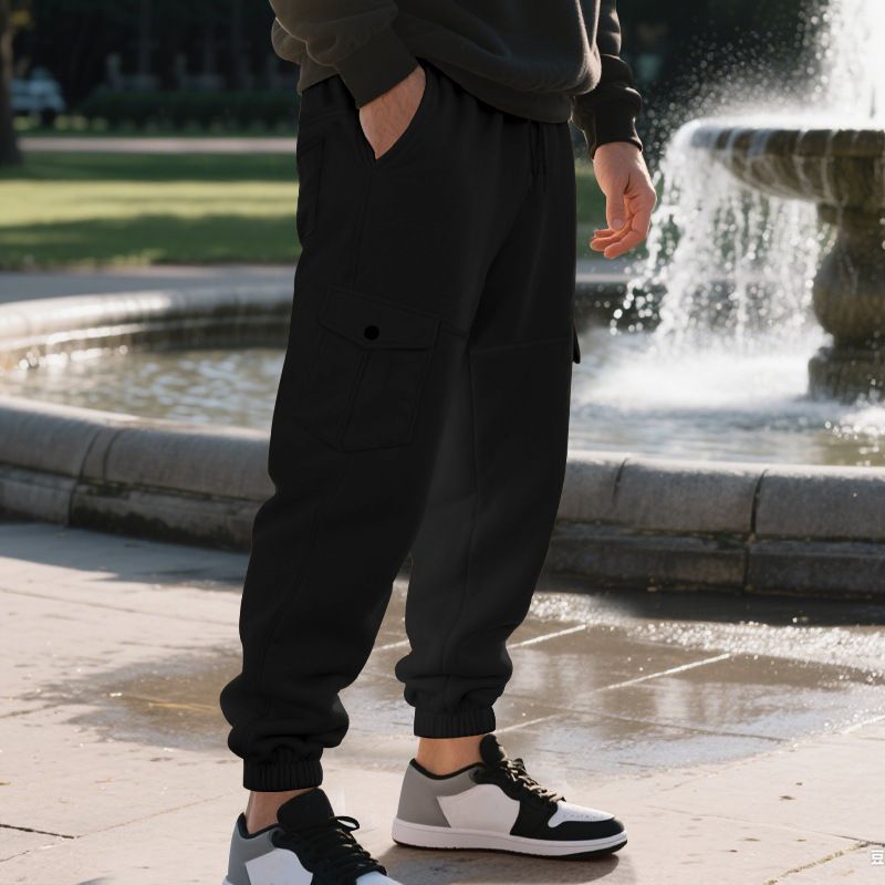 Autumn Winter Fleece Drawstring Men's Loose Casual Sports Multi-Pocket Cargo Pants_voghion.com