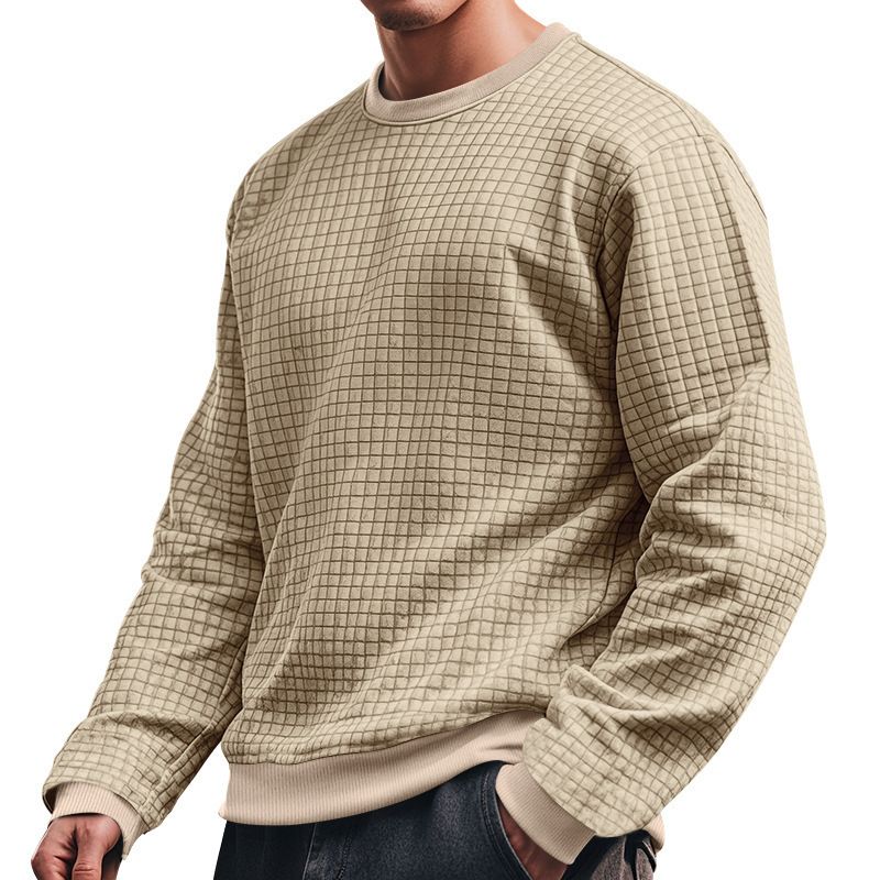 Camiseta de manga larga con estampado de jacquard cuadrado para hombre: transpirable, holgada, informal, de cuello redondo, ligera y para combinar con otras prendas (blanco/gris oscuro)_voghion.com