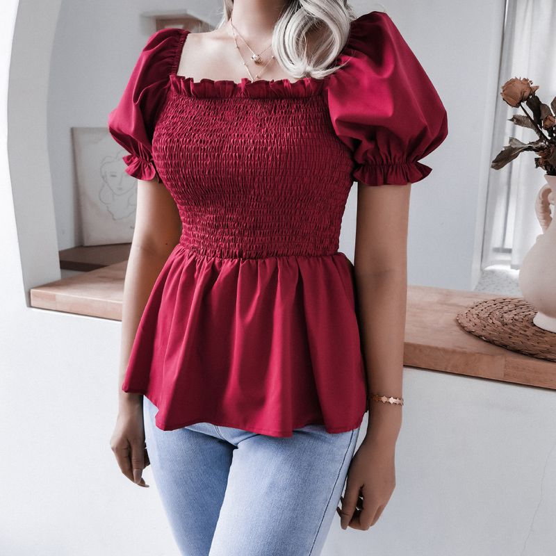 Summer New Casual Lantern Sleeve Hem Ruffle Chiffon Blouse Women's Clothing_voghion.com