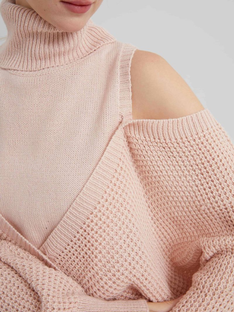 Maglione autunno inverno con collo alto e spalle scoperte, stile delicato, sensazione di alta qualità, colore unito, lavorato a maglia a doppio strato, lungo_voghion.com