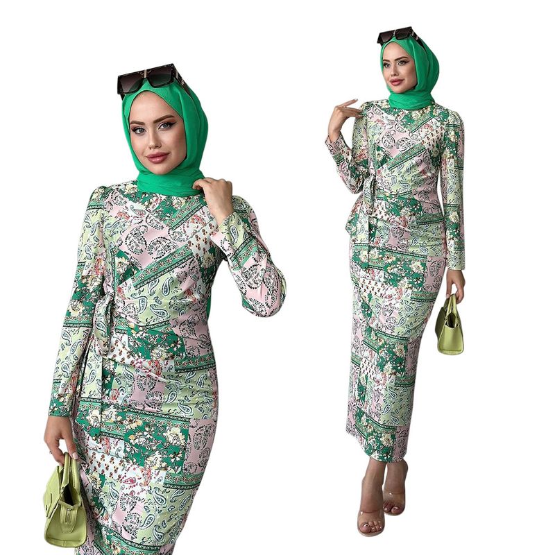 Women's Muslim Robe New Fashion Printed Dress With Headscarf_voghion.com