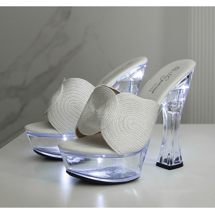 Ciabatte estive da donna con tacco spesso, trasparenti e in cristallo, alte 14 cm, antiscivolo, con fondo spesso, sexy e luminose._voghion.com