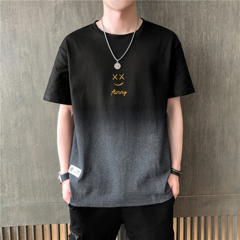 Gradient Color Smiley Face Short Sleeve T-Shirt Men 2023 Summer Trendy Brand Half Sleeve Design Sense Niche Cool Breathable T-Shirt_voghion.com