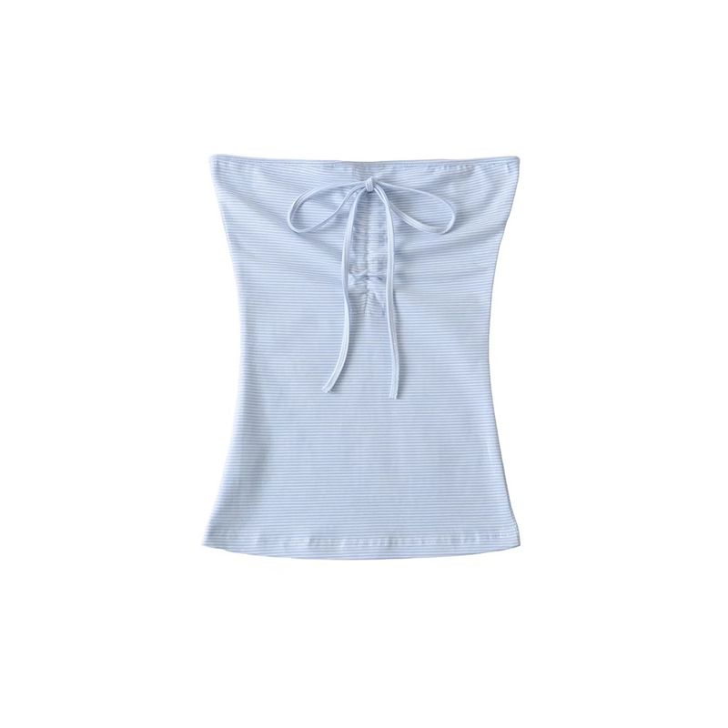 Strapless gestreepte tube trekkoord vest top lage taille gedrapeerde rechte vloerlange broek set_voghion.com