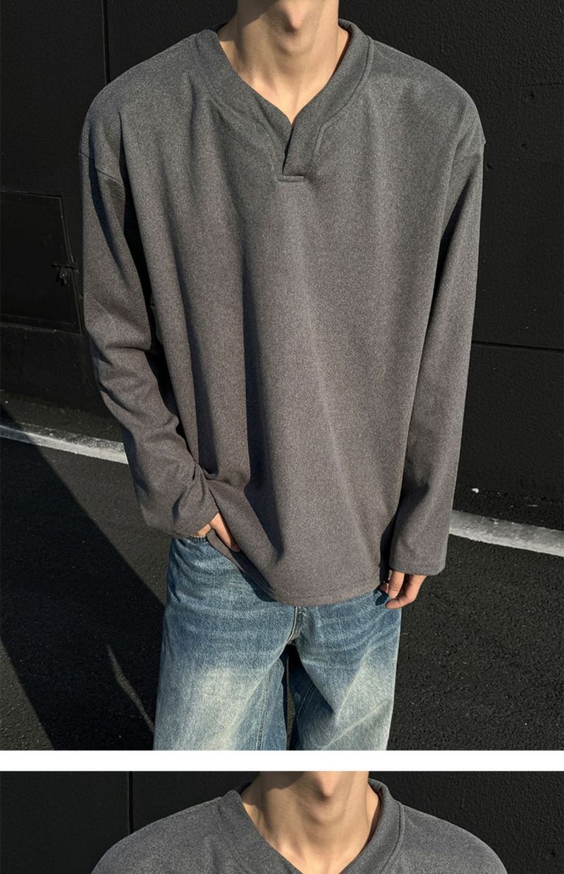boy Boy Autumn Winter De Velvet V-Neck Sweatshirt Warm Inner Layer Base Shirt Long Sleeve T-Shirt Top Trendy Men's Cool Fashion_voghion.com