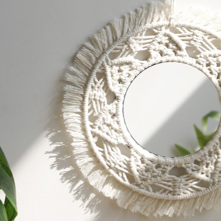 Böhmischer handgemachter Baumwollseil gewebter blumenförmiger Quasten-Schminkspiegel Wohnzimmer Schlafzimmer hängender dekorativer Spiegel-Wandteppich_voghion.com