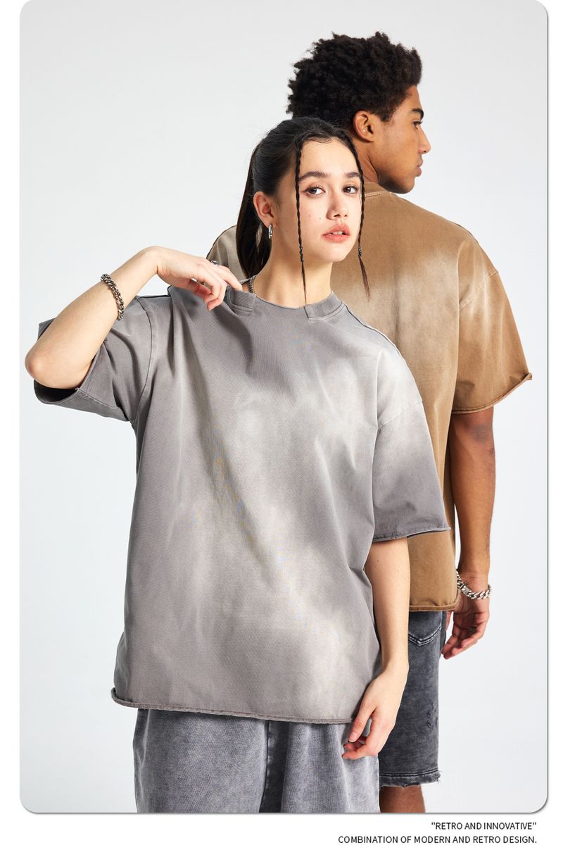 Amerikaanse stijl Gebroken kraag Losse rand Spray Dye Oud Retro Waswater Korte mouwen T-shirt Heren_voghion.com