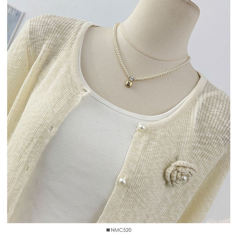 Damenbekleidung Dünnes Rundhals-Spleißen Blumen-Kurzes Langarm-Strick-Sonnenschutzhemd Sommer-Neues Slim Fit-Kleines Cardigan-Oberteil_voghion.com